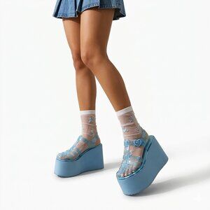 Dolls Kill Sugar Thrillz Blue Jelly Platform Wedge Sandals - Size 10M